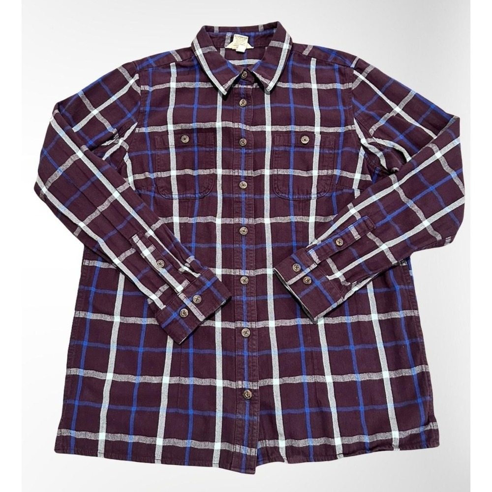 Duluth Trading Shirt Mens Medium Purple Blue Plaid Flannel Button Down Pockets